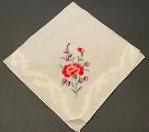 VTG White on White Handkerchief Embroidered Carnation Pansies Flowers VIBRANT