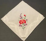 VTG White on White Handkerchief Embroidered Carnation Pansies Flowers VIBRANT