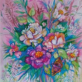 Peony flower watercolor painting, Purple flower, White flower, Pink background, Monarch butterfly wall art, Flower bouquet shades of pink