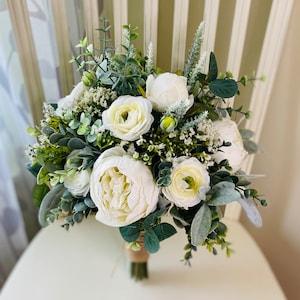 Boho bridal bouquet, white peony wedding bouquet, garden style ivory ranunculus wedding flowers, rustic classic eucalyptus bridesmaid