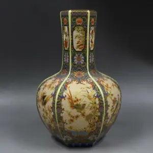 8.9" Chinese Colour Enamels Porcelain Gild Bamboo Peony Flower Magpie Bird Vase