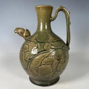 8.6" old antique song dynasty yue kiln Porcelain green glaze peony flower teapot