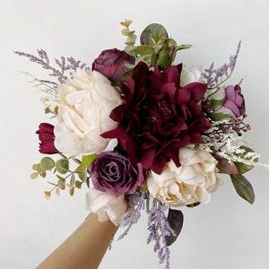Burgundy, purple & champagne wedding bouquet, Peony rose dahlia eucalyptus bouquet, Burgundy purple silk flower bridal n bridesmaid bouquet