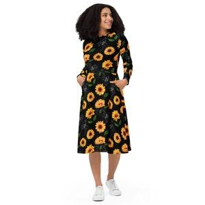 Sunflower Midi Dress, Printed Floral Dress, Floral Printed Dress, Long Sleeve, Cute Dress with Pockets, All over Print,sunflowers Lover gift