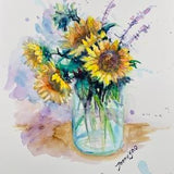 Original Watercolor Painting, Sunflower in Glass Bottle, size 8x10, 230820