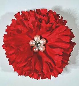 3.5" Red Open Carnation with Pearl Rhinestone Cabochon Silk Flower Hair Clip