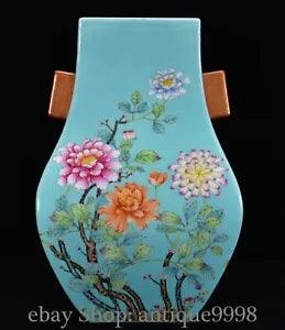 12.5'' Qing Qianlong Green Glaze Color Porcelain Peony Ear Flower Bottle Vase