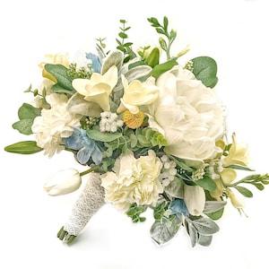 Real Touch Artificial Yellow White Blue Freesia Carnation Eucalyptus Bridal Bridesmaids Bouquets Prom Cascade Bouquet Wedding Arch Flower