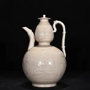 10.2" Old China Porcelain Song dynasty ding kiln White peony flower gourd Teapot
