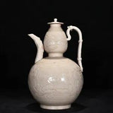10.2" Old China Porcelain Song dynasty ding kiln White peony flower gourd Teapot
