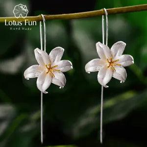 18K Gold Lily Flower Dangle Earrings Real 925 Sterling Silver Handmade Jewelry