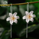 18K Gold Lily Flower Dangle Earrings Real 925 Sterling Silver Handmade Jewelry