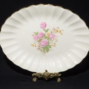 Vintage Sovereign Potters Earthenware large platter oval serving plate 12 1/4" pink roses floral bouquet rimmed Ironstone