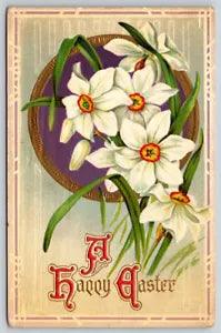 Postcard A Happy Easter White Lily Flowers Embossed B8