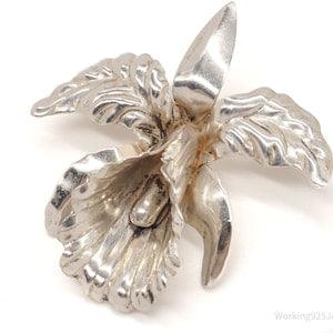 Vintage Designer Beau Orchid Flower Sterling Silver Brooch Pin