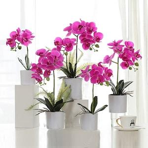Purple Orchid Flower Arrangement, Orchid Centerpieces in Pot, Artificial Flower Arrangement, Faux Purple Orchid for Home Decorations BF19W