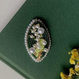 Hand-Embroidered Dark Green Oval Pearl Bouquet Lily of the Valley Beaded Brooch Great Gift for Elegant Girl,Chritsmas Gift Lady-tears Brooch