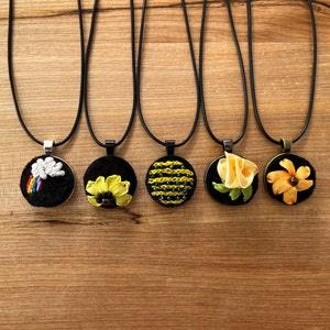 Yellow - Black Hand Embroidered Necklace, Floral Embroidery, Embroidered Pendant, Gifts For Her, Summer Accessories, Daytime Jewelry