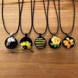 Yellow - Black Hand Embroidered Necklace, Floral Embroidery, Embroidered Pendant, Gifts For Her, Summer Accessories, Daytime Jewelry