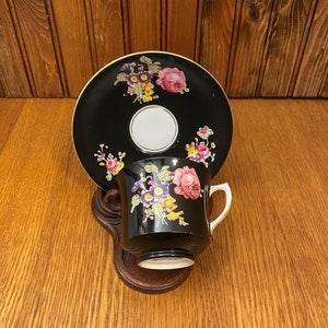 Vintage Duchess Bone China,Black Teacup and Saucer with a Large Pink Rose Bouquet