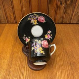 Vintage Duchess Bone China,Black Teacup and Saucer with a Large Pink Rose Bouquet