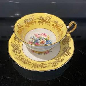 Vintage E B Foley China, Yellow with Gold Floral Accents and a Bouquet of Flowers in the Center