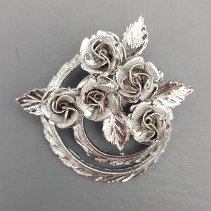 CORO Vintage Silver Tone Flower Rose Brooch