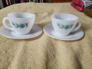 Fire King Oven Ware Milk Glass Two Cups Bonnie Blue Carnation Flower Oven Ware