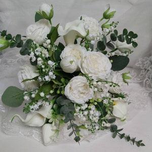 White flowers bridal bouquet, white peonies bride bouquet, calla flowers bouquet, bridesmaids bouquet, lily's of the Valley bridal bouquet