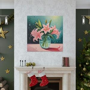 Canvas Gift Stargazer Lilies in Glass Vase with Water Droplet Gift for Her Wall Art Home D¡§?cor Lily Flower Bouquet Painting Living Room