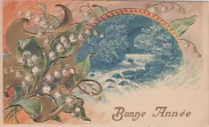Embossed winter seasonal New Year greetings fantasy lilies of the valley scenic