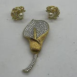 Vtg NOLAN MILLER Glamour Collection Crystal Rhinestone Calla Lily Brooch Pin Set