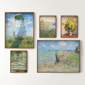 Claude Monet, Set of 5 Prints, Madame Monet, Bridge over a Pond, Water Lilies, Flower Beds, Bouquet of Sunflowers, Cliff Walk at Pourville