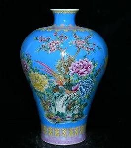 15.7'' Qianlong Blue Glaze Colour Porcelain Plum Peony Flower Bird Bottle Vase