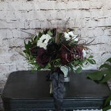 Boho Brides Wedding Bouquet with Eggplant, black and white. Peonies, roses, cabbage roses, anemones and magnolias