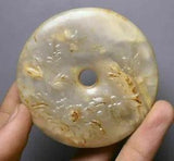 6.5CM Old Chinese Hetian Jade Palace Carving Peony Flower Bird Yu Bi Pendants