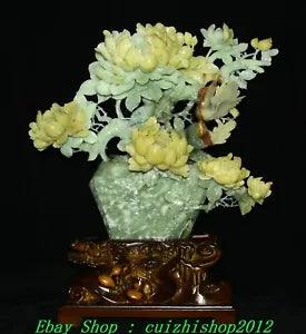 23" China Natural Green Xiu Jade Carve Peony Flower Bird Magpie Animal Statue