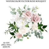 Silver sage green and blush pink flowers vector design bouquet. Dusty rose, white carnation, beige magnolia, peony, eucalyptus, greenery.