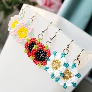 Summer Flowers Dangle Earrings | Flower Beaded Earrings | Seed Bead Earrings | Any colour combination | Choose your colours | Kids Earrings
