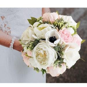 Blush Bridal or Bridesmaid Bouquet Succulents Peonies Cabbage Roses Anemones - Add Groom's Boutonniere Wedding Flower Halo Corsage More!