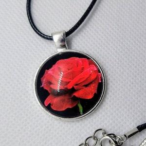 Gothic Red Rose Antique Silver Pendant Leather Cord Necklace