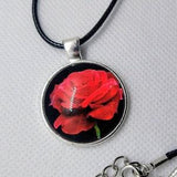 Gothic Red Rose Antique Silver Pendant Leather Cord Necklace