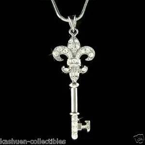Fleur de lis Key made with Swarovski Crystal Paris lys Iris Lily Flower Necklace