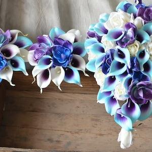 Blue Purple Bouquets, Orchids Callas Roses Wedding Bouquets --Real Touch Flowers Bridal Bouquets Bridesmaids Bouquets