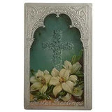 Easter Greetings Lily Cross Postcard Silver Blue White Lilies c1910 Embossed