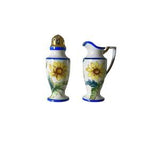 vintage tableware Noritake syrup pitcher and sugar shaker sunflower design vessels made in Japan vintage blue and yellow tableware pancakes