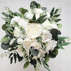 White and greenery bouquet, Wedding bouquet, Bridal Bouquet, Bridesmaids bouquet, Artificial Boho Bouquet, roses, peony, eucalyptus, Ivory
