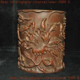 collect old China bamboo Wood carved peony flower brush pot pencil vase statue