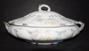 VTG Warwich Pink Peony Rose Yellow Flower Gold Trim Covered Casserole Vegetable