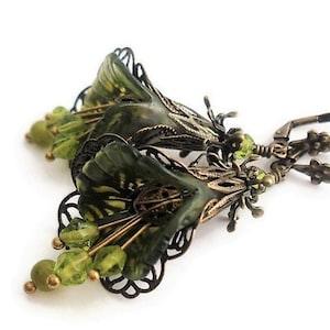 Hand Painted Olive Green Lucite Flower Earrings, Antique Brass Filigree Orchid Earrings, Romantic Boho Jewelry, Botanical Earrings For Women